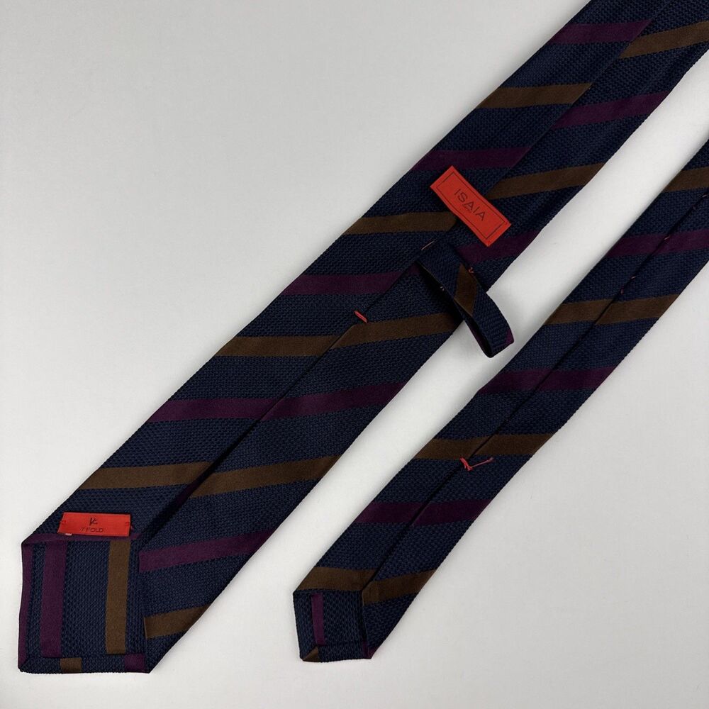 Isaia Napoli 7 Fold Stripe Long 61.5” Navy Blue Burgundy Brown Men Silk Necktie
